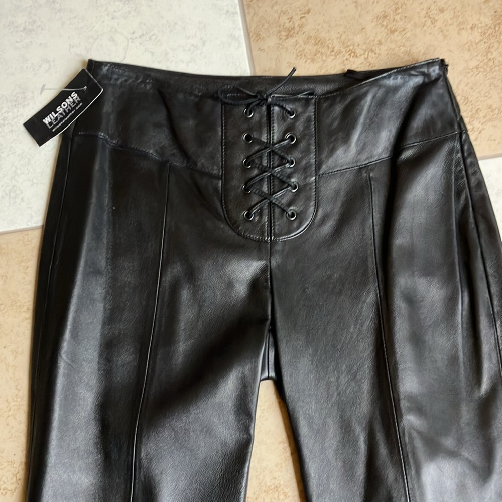 Black leather pants, side zip, front lace up